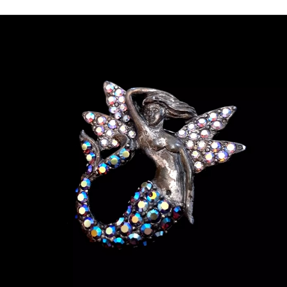 Vintage Kirks Folly Mermaid Small Brooch Purple Pink AB Rhinestones Silver Tone